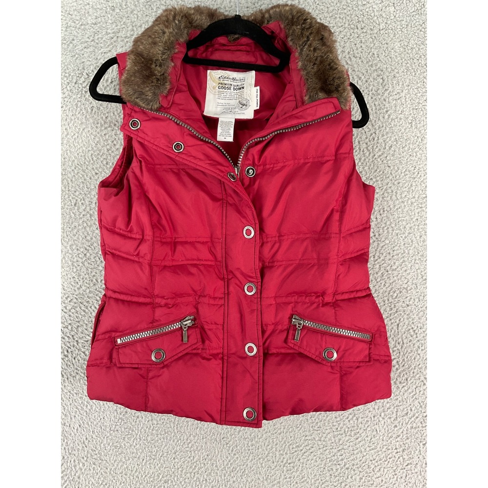 Eddie Bauer Puffer Vest Women S Red Goose Down Faux Fur Trim Quilted Pockets Zip